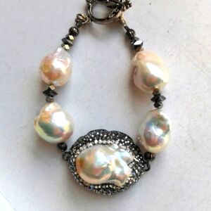 Huge Genuine Baroque Pearl & Marcasite Bracelet. Modern Unique 7", New